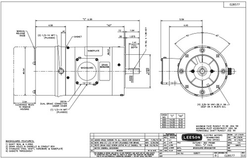 116463.00 Leeson |  1/2 hp 1800 RPM 56C TENV Washdown Duty Brake Motor no Base 208-230/460V