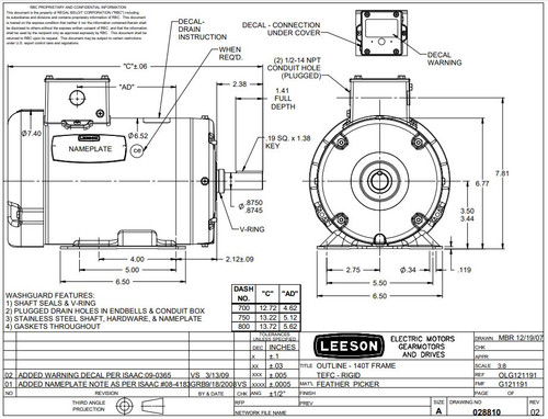 121934.00 Leeson |  2 hp 1740 RPM 145T 208-230/460V Feather Picker Motor