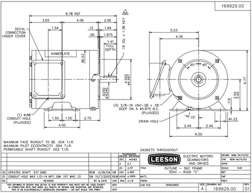 191201.00 Leeson |  1/3 hp 1800 RPM 56C Frame TENV 208-230/460 Volts Stainless Steel