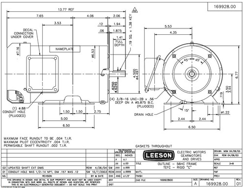 191558.00 Leeson |  1 hp 1800 RPM 56HC Frame TEFC 208-230/460V Stainless Steel