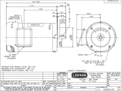 191564.00 Leeson |  1 hp 1800 RPM 56HC Frame TEFC 208-230/460 Volts Stainless Steel