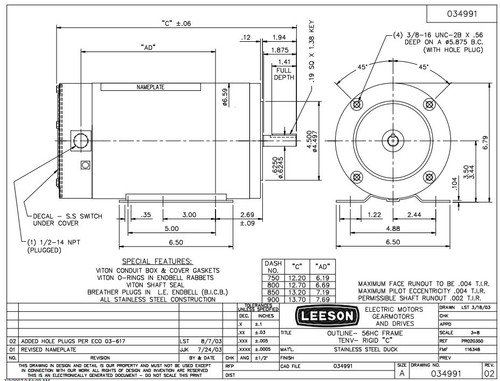 116343.00 Leeson |  1/3 hp 1800 RPM 56HC 115/208-230V TENV Stainless Steel w/Base