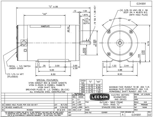 116346.00 Leeson |  3/4 hp 1800 RPM 56HC 115/208-230V TENV Stainless Steel w/Base