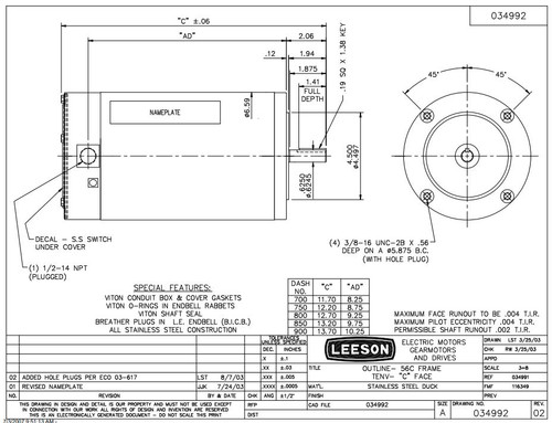 116351.00 Leeson |  3/4 hp 1800 RPM 56C 115/208-230V Stainless Steel No Base