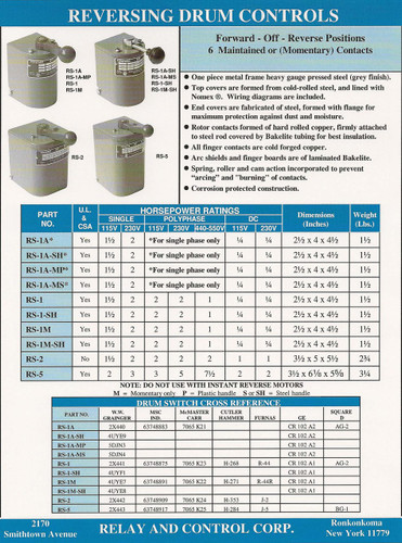 RS-1A-SH Relay & Controls | 1.5 hp - 2 hp Electric Motor Reversing Drum Switch - Single Phase Only - Position = Maintained