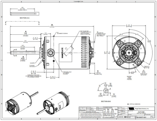H667 Century Condenser Fan Motor 6 1/2" Dia, 1 hp, 1140 RPM 460/200-230V Three Phase Century # H667