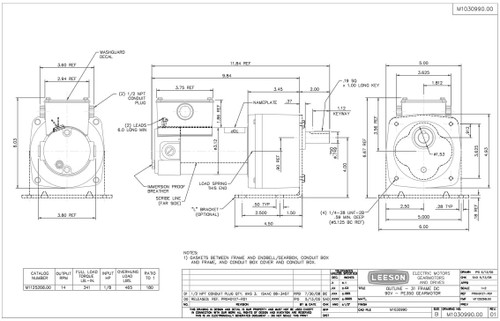 M1125268.00 Leeson |   Parallel Shaft Wash Down 1/8 hp, 14 RPM 90 Volts DC TENV Electric Gear Motor