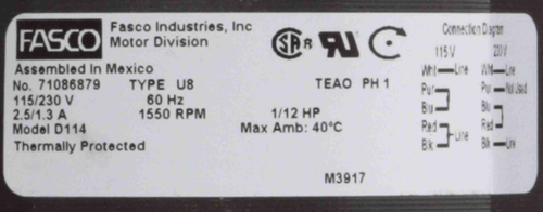 Fasco D114 Motor | 1/12 hp 1550 RPM CW 4.4" Diameter 115/230 Volts