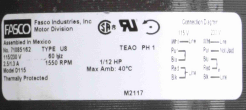 Fasco D115 Motor | 1/12 hp 1550 RPM CCW 4.4" Diameter 115/230 Volts (ILG)