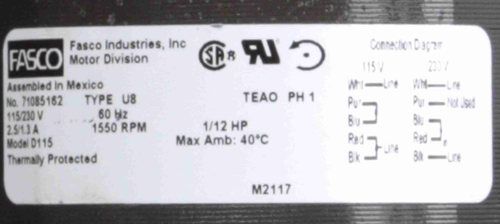 Fasco D115 Motor | 1/12 hp 1550 RPM CCW 4.4" Diameter 115/230 Volts (ILG)