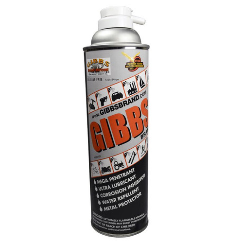 Gibbs Brand Lubricant aerosol spray can, featuring a black cap and gray/yellow label with red “GIBBS” logo, marketed as a multi-purpose penetrating lubricant, corrosion inhibitor, and water repellent.