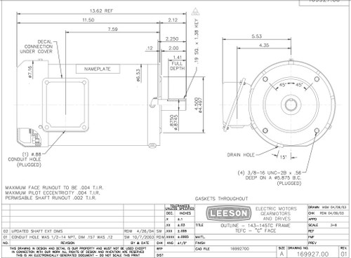 191568.00 Leeson |  1.5 hp 1800 RPM 145TC Frame TEFC 208-230/460V Stainless Steel