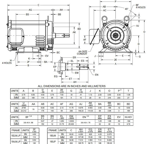 DJ3P2HM US Motors 3 hp 1800 RPM  3-phase 182JM Frame 200V (ODP) Close-Coupled Pump Motor