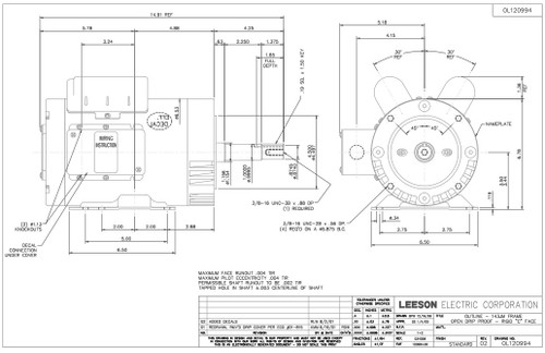 120994.00 Leeson | 1.5 hp 1740 RPM 145JM Frame 115/208-230V ODP Close ...