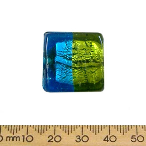 23mm Aqua/Green Silver Foil Flat Square Glass Bead