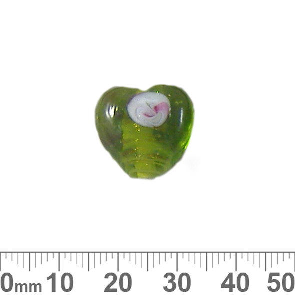 12mm Green Glass Heart Beads w Pink Dots