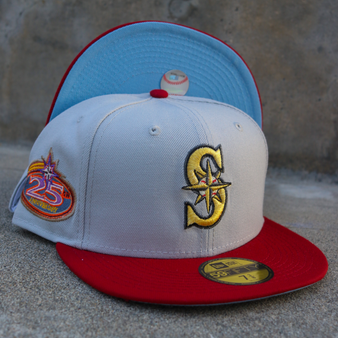 Seattle Mariners New Era Gray/Burgundy Red And Sky Blue Bottom With 25TH Anniversary Patch On Side 59FIFTY Fitted Hat
