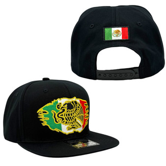 Mexico WYNN Headwear Black Cut Off Mexican Flag With Gold Eagle Flat Bill Adjustable Snapback Hat