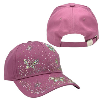 Madd Hatter Women’s Pink Rhinestone With Butterfly’s Sparkling Rocks Adjustable Strap-Back Hat