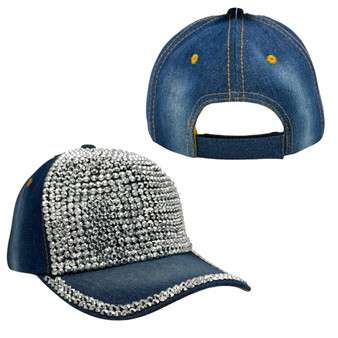 Madd Hatter Women’s Blue Denim Rhinestone Sparkling Rocks Adjustable Velcro Back Hat