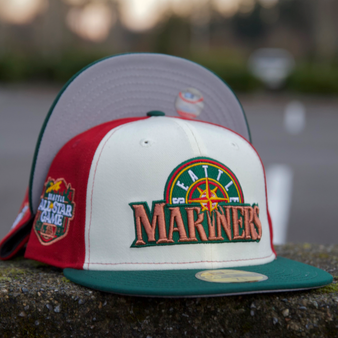 Seattle Mariners New Era New Logo Chrome White And Hot Red/Dark Green Bill And Hot Red Bottom With 2023 All-Star Patch On Side 59FIFTY Fitted Hat