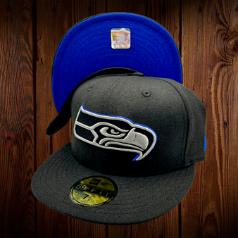 Seattle Seahawks New Era All Black With Royal Blue Outline Around Seahawk 59FIFTY Fitted Hat