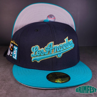 Los Angeles Dodgers New Era Navy/Aqua Bill And Gray Bottom With Jackie Robinson 75th Year Patch On The Side 59FIFTY Fitted Hat