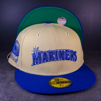 Seattle Mariners New Era Script Vegas Gold/Royal Blue Bill And Kelly Green Bottom With Kingdome Patch On Side 59FIFTY Fitted Hat