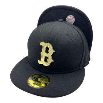 Boston Red Sox New Era All Black With Metal Gold Badge 59FIFTY Fitted Hat