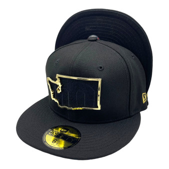 Seattle Mariners New Era All Black With Metal State Gold Badge And "M" Logo Inside 59FIFTY Fitted Hat