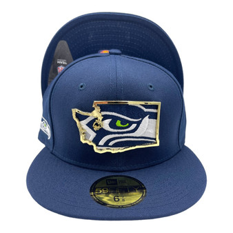 Seattle Seahawks New Era All Navy With Metal State Gold Badge And Logo Inside 59FIFTY Fitted Hat