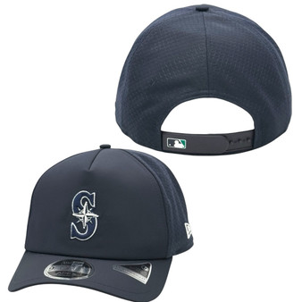 Seattle Mariners New Era Navy 2026 Batting Practice Apex 9FORTY Trucker Mesh Snapback Hat