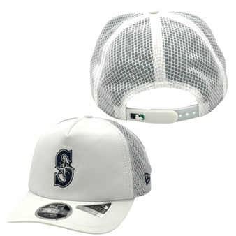 Seattle Mariners New Era White 2026 Batting Practice Apex 9FORTY Trucker Mesh Snapback Hat