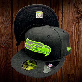 Seattle Seahawks New Era All Black With Lime Green Seahawk 59FIFTY Fitted Hat