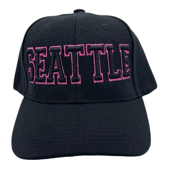 Seattle The City Women’s All Black/Metallic Hot Pink Outline Script Name Pony Hole Pre-Curved Adjustable Velcro Back Hat