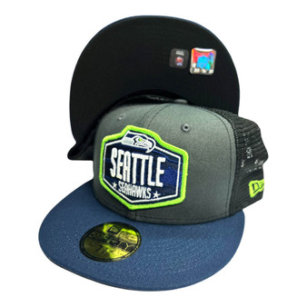 Seattle Seahawks New Era Dark Gray/Navy Bill With Mesh Back 2021 NFL Draft On-Stage 59FIFTY Trucker Mesh Fitted Hat