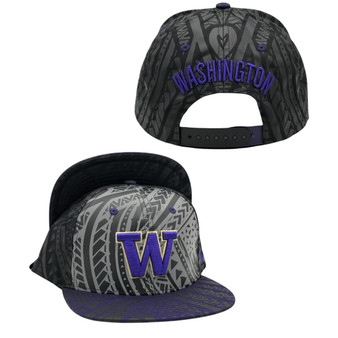 Washington Huskies Zephyr Black/Dark Gray/Purple Bill With Polynesian Print Adjustable Snapback Hat