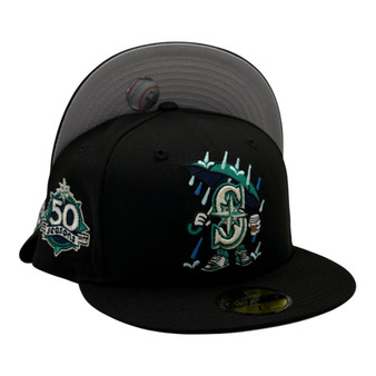 Seattle Mariners New Era "Cartoon" All Black And Gray Bottom With 50th Anniversary Patch 59FIFTY Fitted Hat Copy