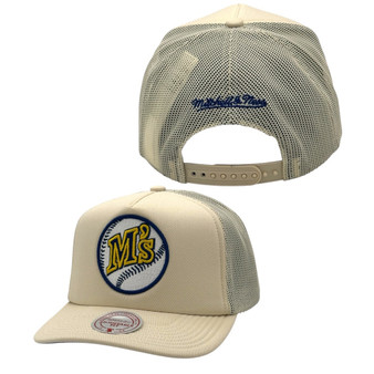 Seattle Mariners Mitchell & Ness Chrome White With “M’S” Logo A-Frame Trucker Mesh Adjustable Snapback Hat