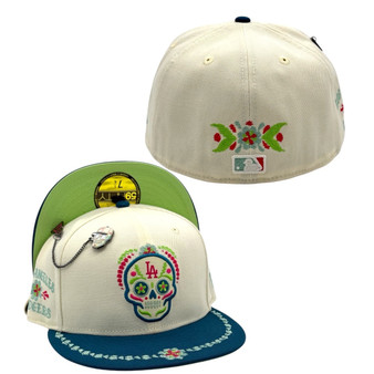 Los Angeles Dodgers Chrome White/Teal Dia De Los Muertos With Side Patch 59FIFTY Fitted Hat