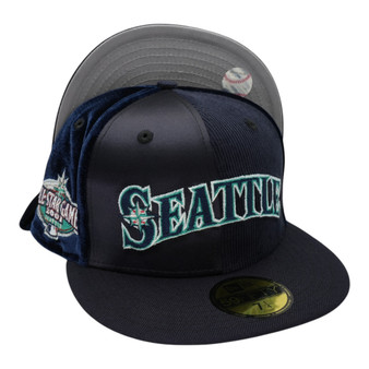 Seattle Mariners New Era All Navy Pinwheel And Gray Bottom With 2001 All-Star Game Patch On Side 59FIFTY Fitted Hat