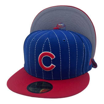 Chicago Cubs New Era All Pinstriped Royal Blue With Red Bill 59FIFTY Fitted Hat
