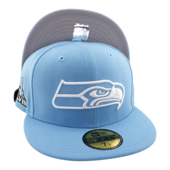 Seattle Seahawks New Era All Sky Blue With Super Bowl XLVIII Patch On Side 59FIFTY Fitted Hat