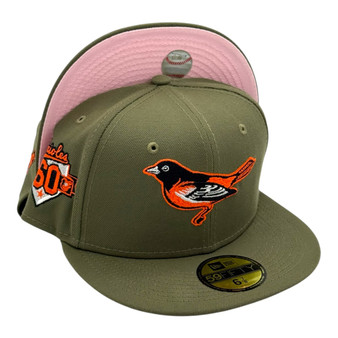 Baltimore Orioles New Era Olive Green/Pink Bottom With 60TH Anniversary Patch On Side 59FIFTY Fitted Hat