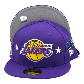 Los Angeles Lakers New Era All Purple/Gray Bottom With Los Angeles Patches All Over 59FIFTY Fitted Hat