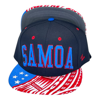 Samoa Zephyr All Black/White/Red/Royal Blue Polynesian Print Flat Bill Fitted Hat
