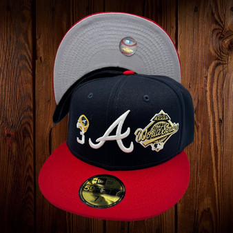 Atlanta Braves New Era Navy/Red Bill And Gray Bottom With World Series Patches All Over 59FIFTY Fitted Hat