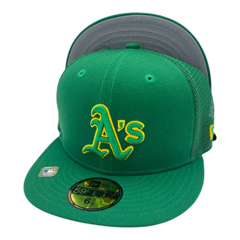 Oakland Athletics New Era All Kelly Green/Gray Under Visor 2022 Batting Practice 59FIFTY Trucker Mesh Fitted Hat