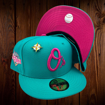 Baltimore Orioles New Era Teal/Hot Pink Bottom With 60TH Anniversary Patch On Side 59FIFTY Fitted Hat