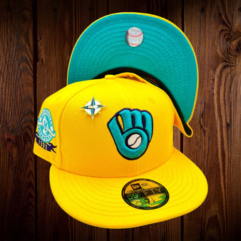 Milwaukee Brewers New Era Canary Yellow/Teal Bottom With 1982 American League Champs Patch On Side 59FIFTY Fitted Hat